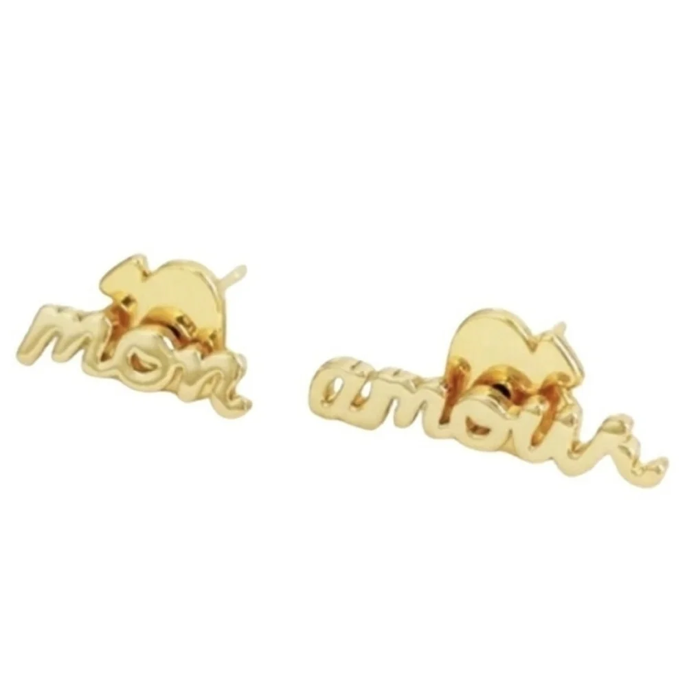 Kate Spade True Love “mon amour” Script Gold Stud Earrings with Dust Bag, NWT